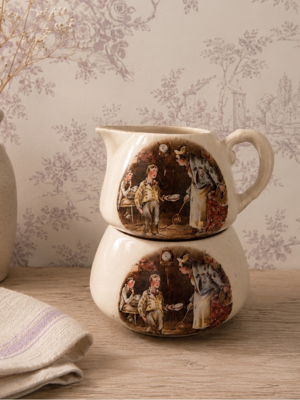 LANCASTER & SANDLAND OLIVER TWIST STACKING CREAMER & SUGAR BOWL CREAM